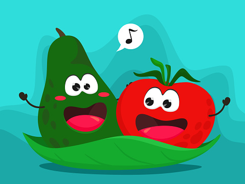 Funny Avocado And Tomato On A Green Leaf Sing A Song Vector Illustration In  Cartoon Flat Style Stock Illustration - Download Image Now - iStock