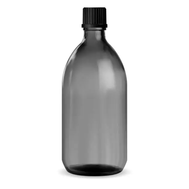 Vector illustration of Black Bottle. Glass Medical Jar. Syrup Vial Mockup