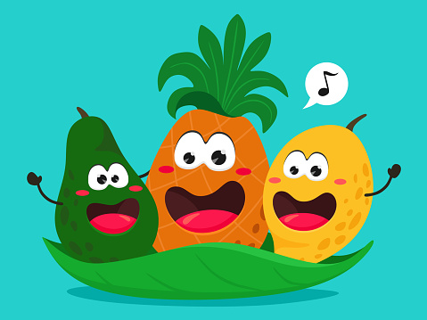 A cheerful trio of mango, pineapple and avocado on a green leaf sings a song. Vector illustration in cartoon style. Great fruit.