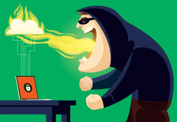 Vector illustration of angry hacker  exhaling fire with locked laptop