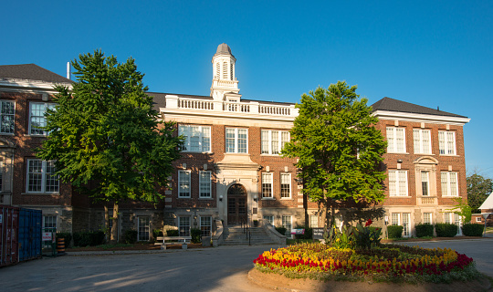 Syracuse, NY - September 2023: Panoramic image of Syracuse University campus with sign.