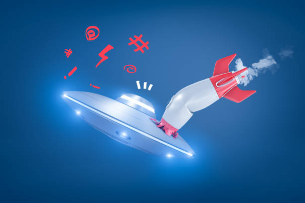 istock 3d rendering of a space rocket colliding with a UFO, resulting in rocket crash and UFO remain unharmed. 1172468202