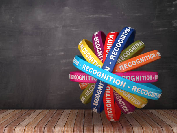 istock Circular Ribbons with RECOGNITION Word on Chalkboard Background - 3D Rendering 1172468249