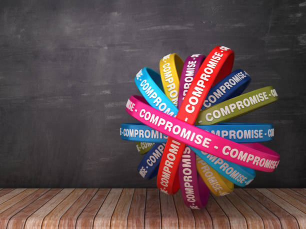 istock Circular Ribbons with COMPROMISE Word on Chalkboard Background - 3D Rendering 1172468281