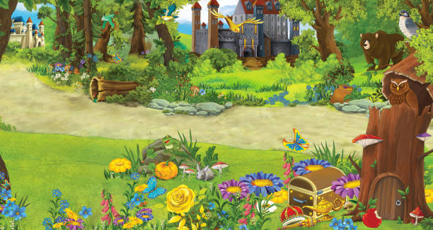 istock Cartoon nature scene with beautiful castles near the forest 1172472670