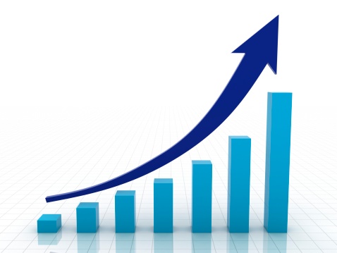 Bar chart money growth on blue screen business investment graph background, 3d rendering