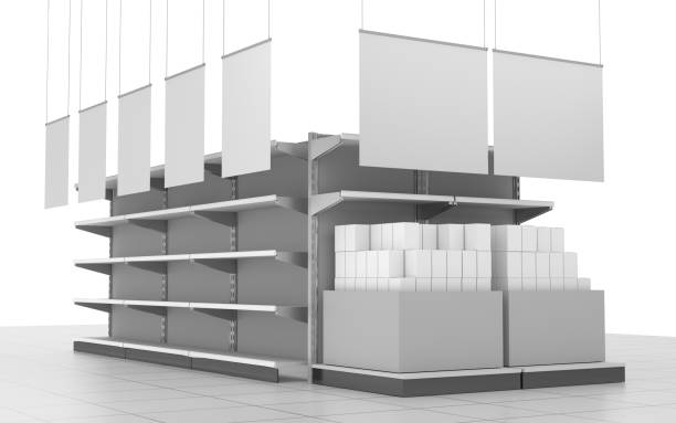 istock Empty Set Of Shelves With Hanging Banners 1172473780