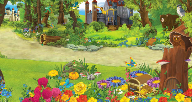 istock Cartoon nature scene with beautiful castles near the forest 1172473860