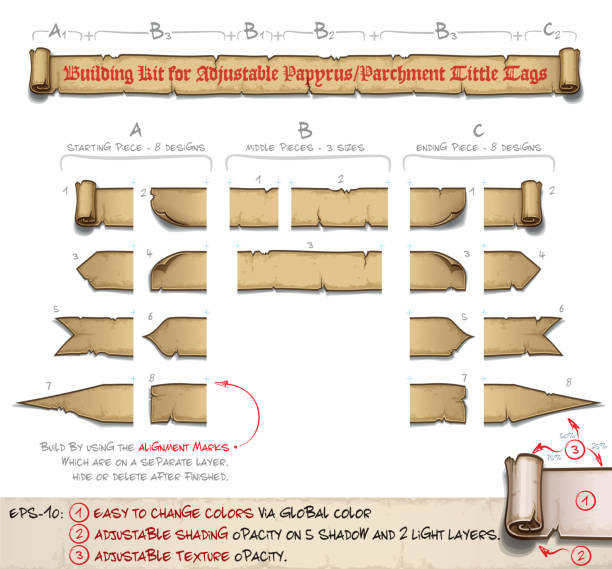 ilustrações de stock, clip art, desenhos animados e ícones de papyrus tittle scroll tags -  building kit - sepia toned illustrations