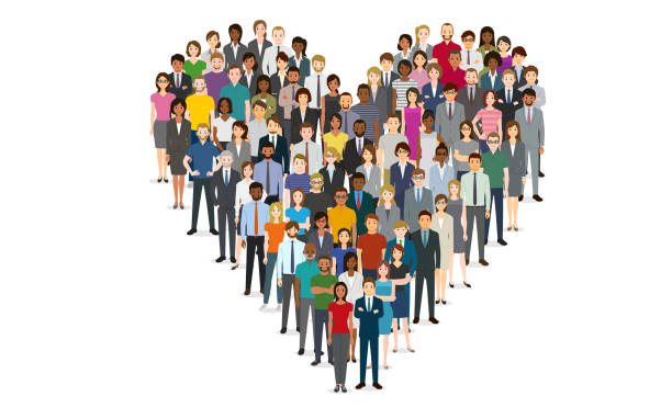 ilustrações de stock, clip art, desenhos animados e ícones de crowd of people in the shape of a heart - business people globe global communications