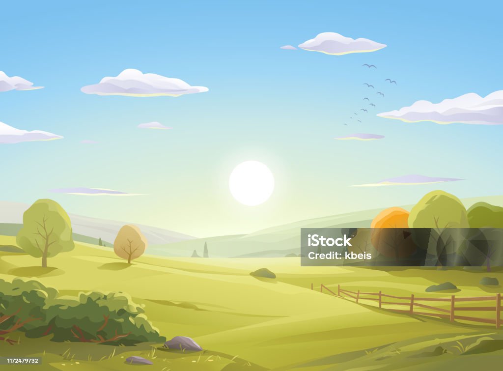 Sunrise Over Autumn Landscape Vector illustration of a sunrise over a beautiful autumn landscape with colorful trees, bushes, a fence, hills, green meadows and a blue cloudy morning sky. Art on layers and easily edited and scaled. Landscape - Scenery stock vector