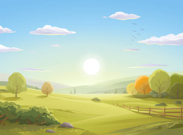 Sunrise Over Autumn Landscape Vector illustration of a sunrise over a beautiful autumn landscape with colorful trees, bushes, a fence, hills, green meadows and a blue cloudy morning sky. Art on layers and easily edited and scaled. rural scene illustrations stock illustrations