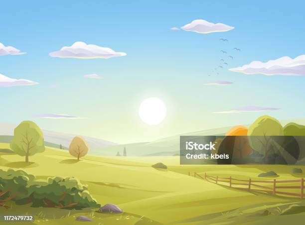 Sunrise Over Autumn Landscape Stock Illustration - Download Image Now - Landscape - Scenery, Sunlight, Sun