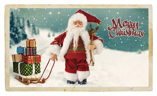 Marry Christmas - Christmas vintage Greeting card. Santa Claus with gift boxes on the sleigh