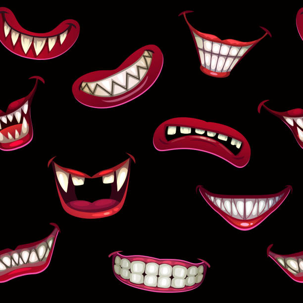 Seamless pattern with creepy monster smiles on the dark background Seamless pattern with creepy monster smiles on the dark background. Scary clown mouth print. Vector texture. scary clown mouth stock illustrations