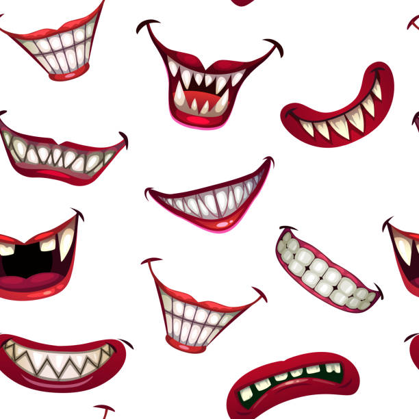 Seamless pattern with creepy monster smiles on white background. Scary clown mouth print Seamless pattern with creepy monster smiles on white background. Scary clown mouth print. Vector texture. scary clown mouth stock illustrations