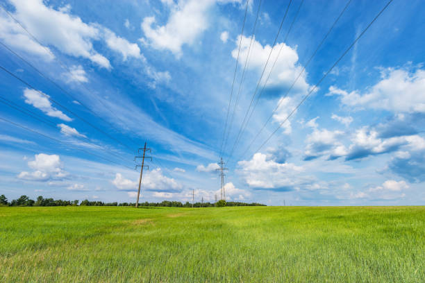 A bright rural landscape features a lush green field extending to the horizon, crossed by high voltage power lines. The clear sky and distant pylons convey scale, energy, and industrial presence.