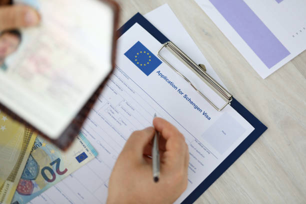 istock Male hand hold silver pen with passport 1172487110