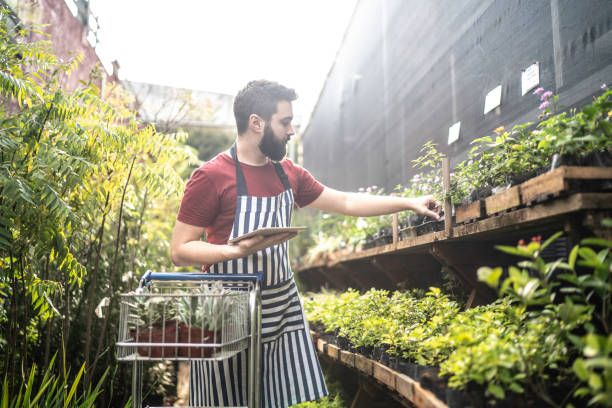 istock Young florist with a shopping cart with some seedlings and using digital tablet to check products 1172490478