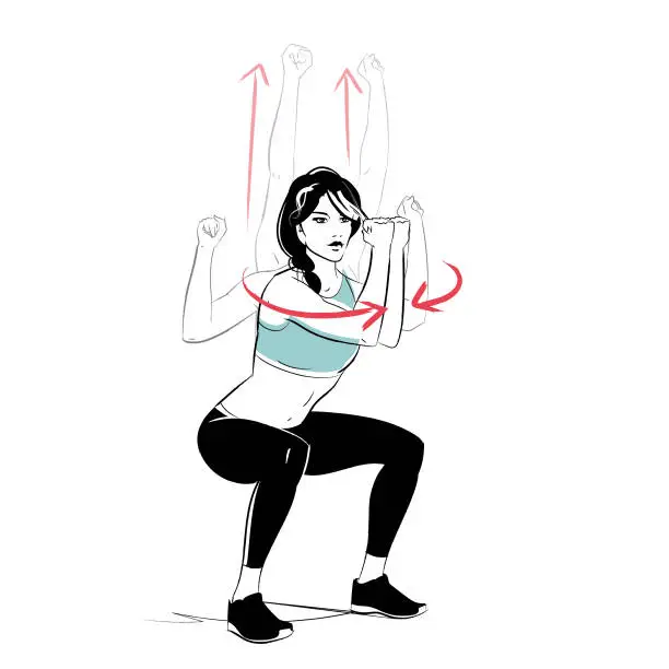 Vector illustration of workout - squat shoulder press to chest press exercise