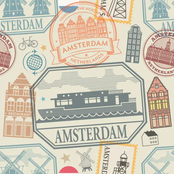 Vector illustration of Amsterdam, Netherlands, Europe theme seamless pattern