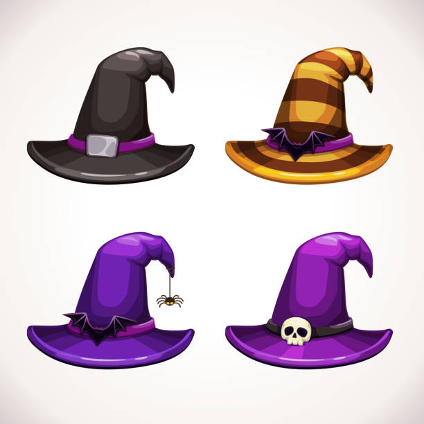 Cartoon witch hat, colorful icons set. Halloween costume element Cartoon witch hat, colorful icons set. Halloween costume element. Vector illustration. witchs hat stock illustrations