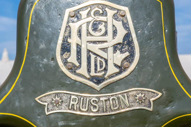 Blandford Forum.Dorset.United Kingdom.August 24th 2019.Close up of the logo on a vintage steam powered Ruston and Hornsby steam roller on display at The Great Dorset Steam Fair.