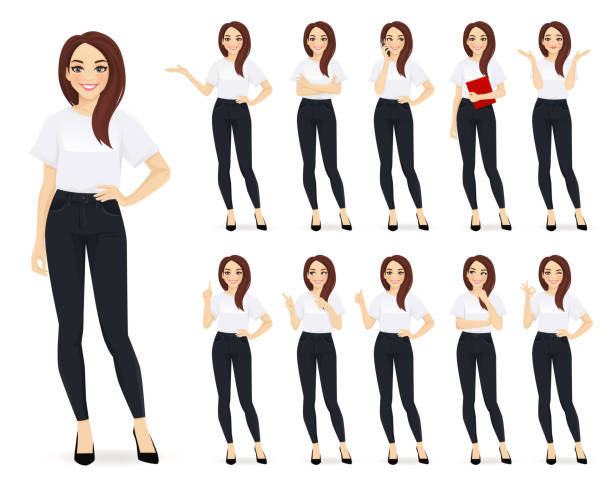 Casual business woman character set Casual business woman character in different poses set vector illustration cartoon woman stock illustrations