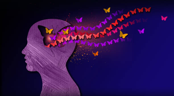 Graphic Abstract dream stream of free Butterflies Background Graphic abstract design of birth of idea or being emotionally set free. Simple, inspirational, dreamlike art with iconic butterflies, butterfly shape and head profile. relieved face stock illustrations