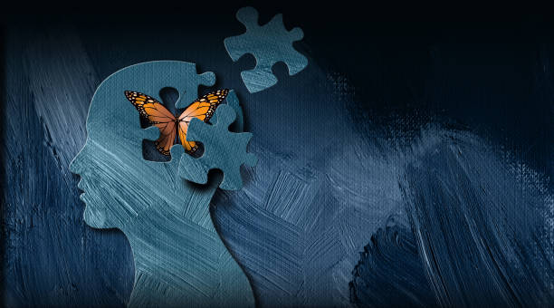 Graphic Abstract Butterfly breaks free puzzled mind Background Graphic abstract design of birth of idea or being emotionally set free. Simple, dramatic, dreamlike art with iconic butterfly, puzzle pieces and head profile. relieved face stock illustrations