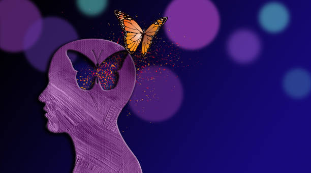 Graphic Abstract Dream  Butterfly and baubles Background Graphic abstract design of birth of idea or being emotionally set free. Simple, dramatic, dreamlike art with iconic butterfly, and head profile. relieved face stock illustrations