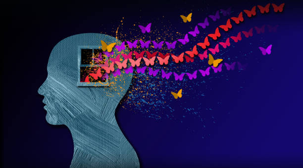 Graphic Abstract stream of Butterflies flow through emotion's open window Background Graphic abstract design of birth of idea or being emotionally set free. Simple, dramatic, dreamlike art with stream of iconic butterflies, open window and head profile. relieved face stock illustrations