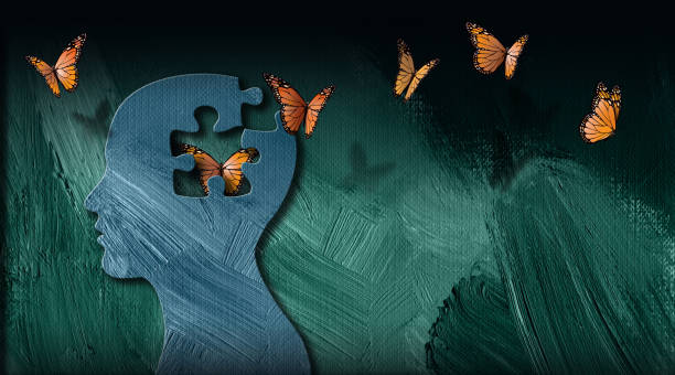 Graphic Abstract Butterflies escape mental puzzle piece Background Graphic abstract design of birth of idea or being emotionally set free. Simple, dramatic, dreamlike art with iconic butterflies, puzzle shape and head profile. relieved face stock illustrations