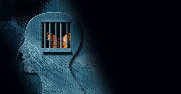 Graphic abstract Butterfly trapped behind emotional prison bars Background Graphic abstract design of concept of being emotionally or mentally challenged. Strong, dramatic image of iconic butterfly trapped behind prison bars. relieved face stock illustrations
