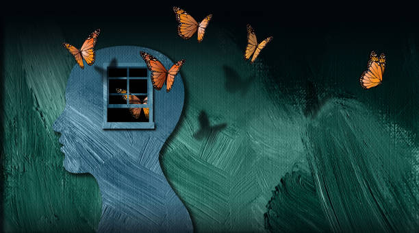 Graphic Abstract dreamlike Butterflies and open window Background Graphic abstract design of concept of being emotionally or mentally set free. Simple, dramatic and dreamlike art composed of iconic butterflies, and opened window. relieved face stock illustrations