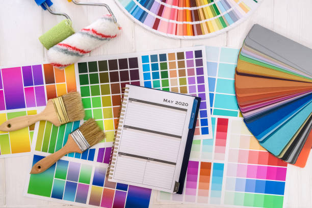 istock Color palettes with painting tools top view 1172515122