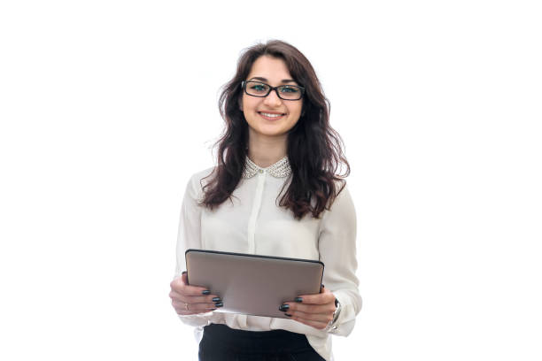 istock Woman with tablet isolated on white 1172516312