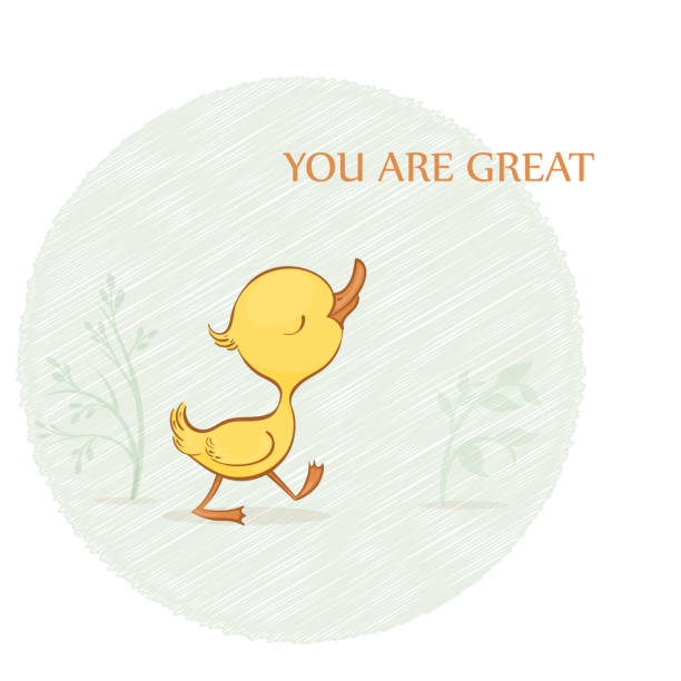 Vector hand-drawn illustration of a cute cartoon walking cockahoop yellow duckling with green plants Vector hand-drawn illustration of a cute cartoon walking cockahoop yellow duckling with green plants, a circle and a text on a white background. duck bird illustrations stock illustrations