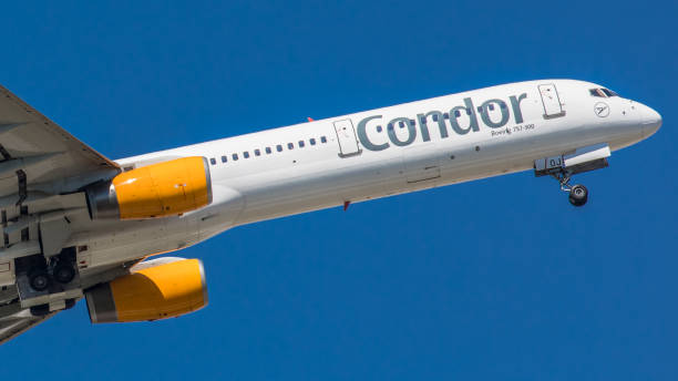 Boeing 757-330 Condor takes off from Munich airport Munich, Germany - April 20, 2019: A Boeing 757-330 from Condor takes off from Munich Airport. The aircraft with registration D-ABOJ has been in service since March 2000 for the German airline. boeing 757 stock pictures, royalty-free photos & images