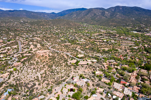 Santa Fe with Sangre de Cristo Mountains, aerial view, New Mexico, USA.
