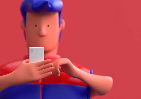 3d concept of warehouse worker who is looking at his mobile phone.