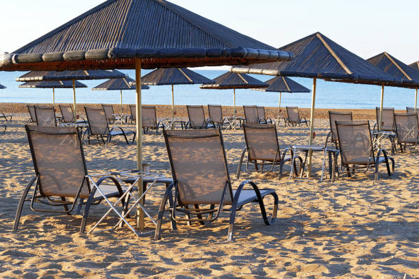 istock empty sunbeds on the beach in the morning 1172520566
