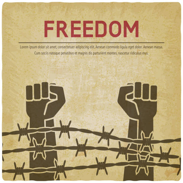 Fighting for freedom concept. Hands clenched into fist behind barbed wire vintage background Fighting for freedom concept. Hands clenched into fist behind barbed wire vintage background. vector illustration fist human hand punching power stock illustrations