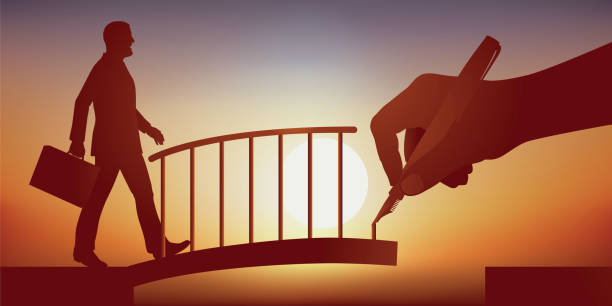 illustrazioni stock, clip art, cartoni animati e icone di tendenza di concetto di aiuto, con una mano che disegna un ponte per permettere a un uomo di attraversare un baratro. - striding