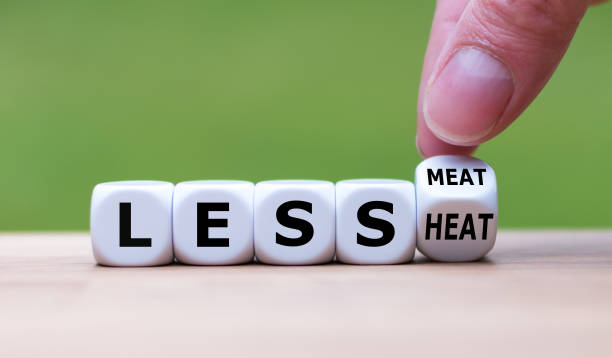 istock Symbol for eating less meat to save the planet. Hand turns a dice and changes the expression 