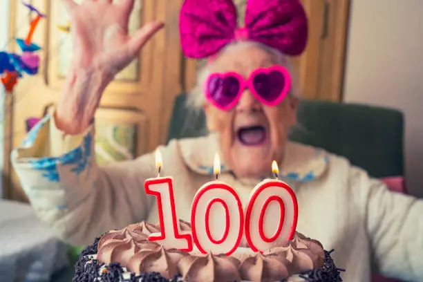 Photo of 100 years old birthday cake to old woman