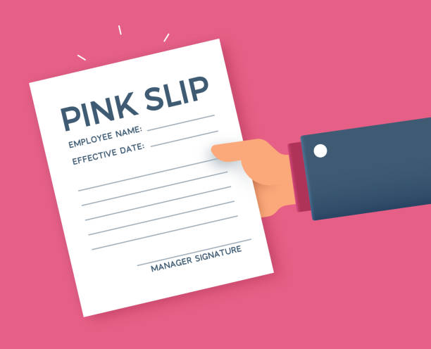 Pink Slip Firing or Being Laid Off from a Job Hand holding pink slip firing from a job termination or layoff document. general manager stock illustrations