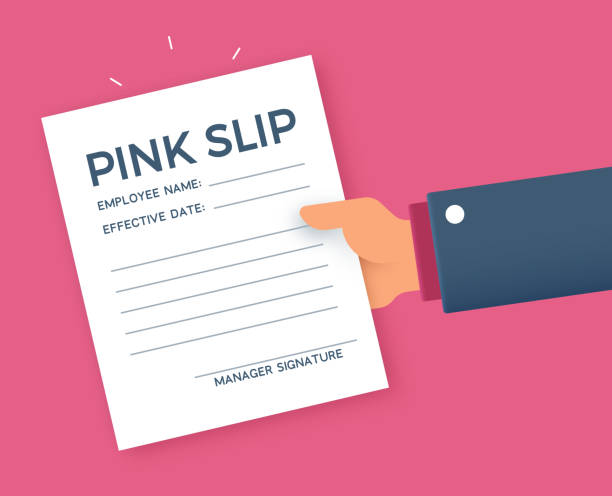 Pink Slip Firing or Being Laid Off from a Job Hand holding pink slip firing from a job termination or layoff document. pink promise stock illustrations