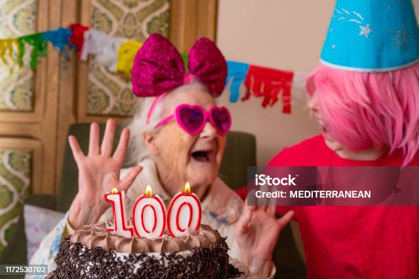 100 Years Old Birthday Cake To Old Woman Elderly Stock Photo - Download Image Now - Birthday, Grandmother, Senior Adult