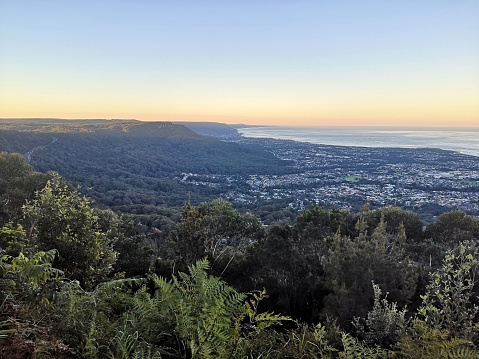 Panoramic view of New South Wales coastline, viewed from Mount Keira Lookout, a mountain in the Illawarra region, near Wollongong, Australia